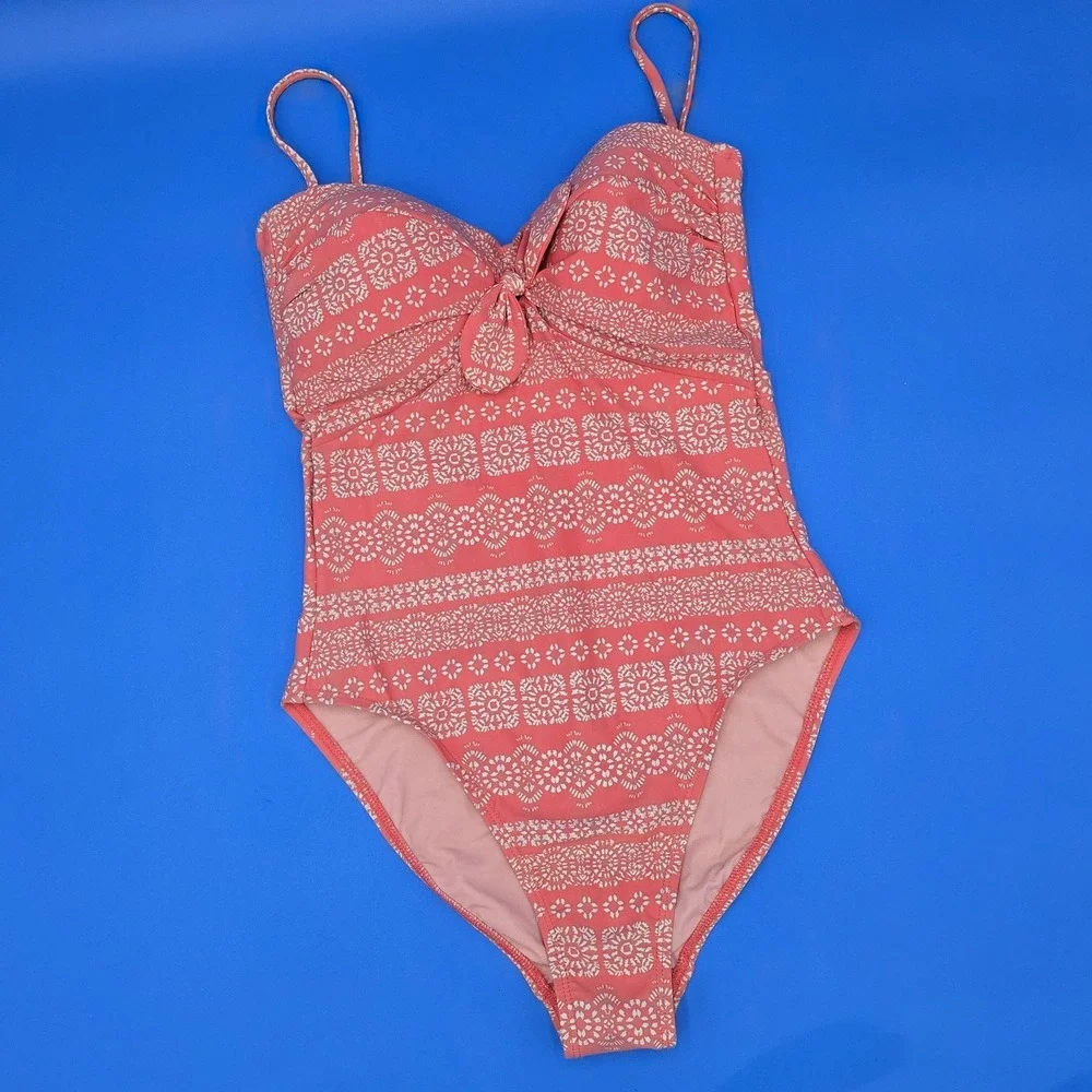 NEW NWOT Robin Piccone one-piece Swimsuit Vibrant Coral & Tan Pattern Size 8 - Picture 1 of 5